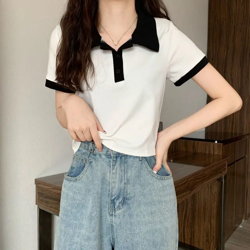 Summer 2026 Women New Arrival Slim Fit Versatile Polo Collar Color Block Short T Shirt Short Sleeve Unique Top Ins Trendy - view 5