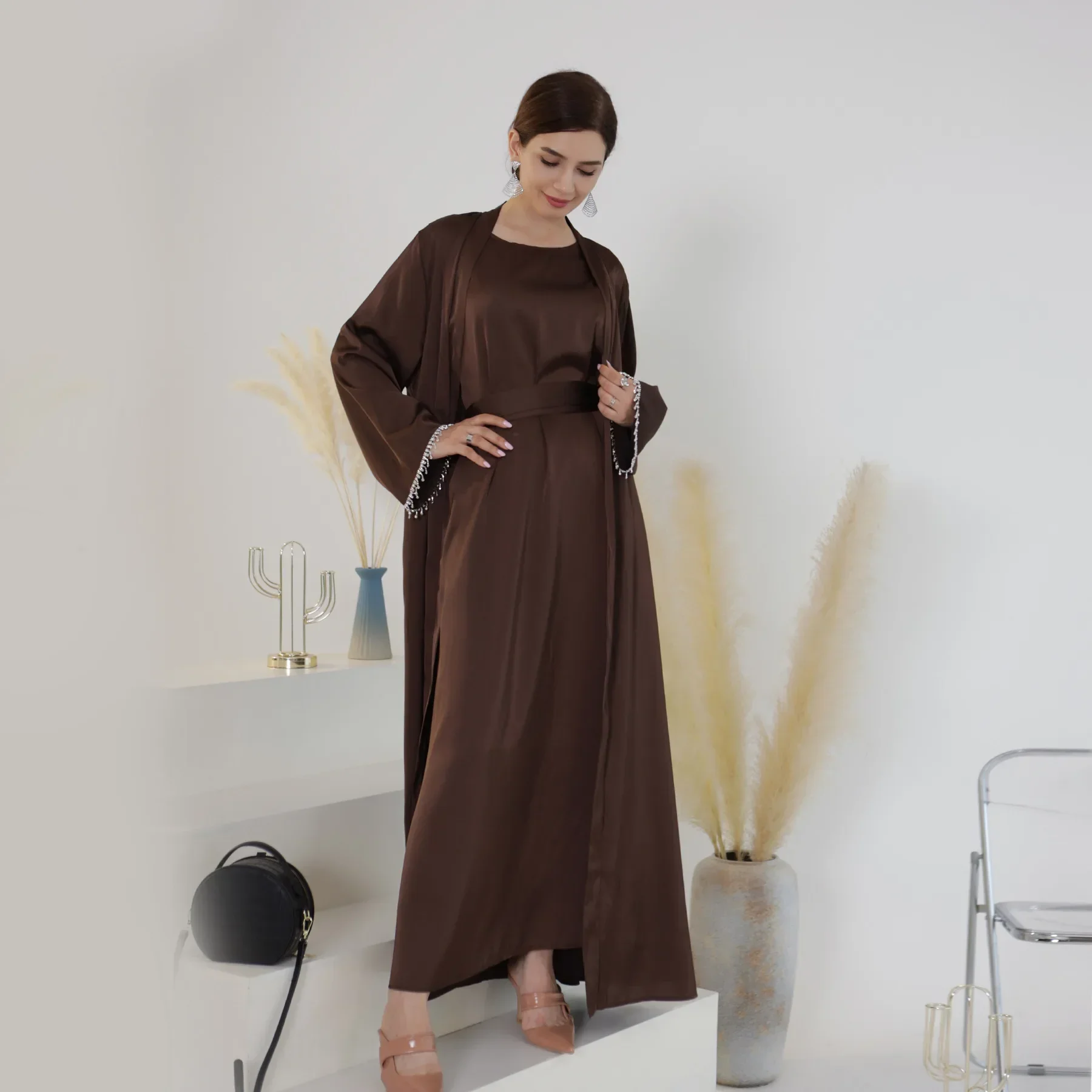 Eid Satin Open Abaya Beads Kimono Muslim Abayas for Women Dubai Elegant Turkey Party Wedding Dress Islam Outfit Moroccan Kaftan