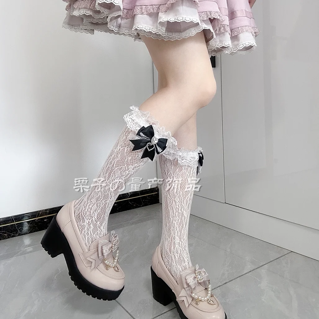 Japanese Lolita Style Medium Tube Socks for Women Mass-produced Rhinestone Love Bow Girls' Lace Knee Socks Summer Autumn