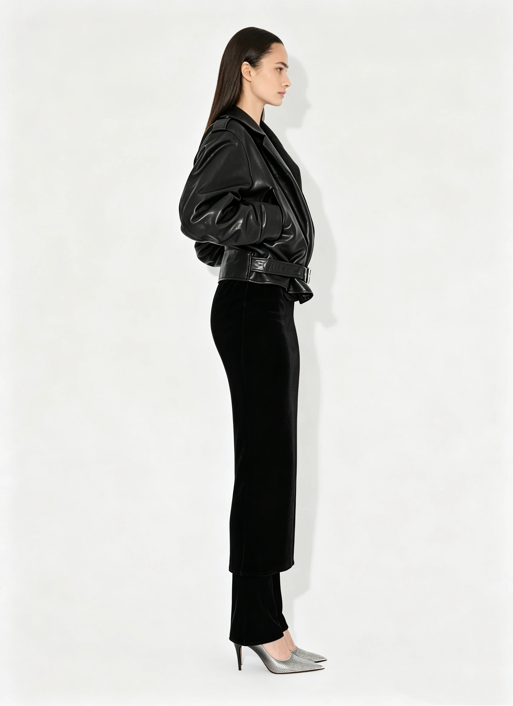 Modern Black Hooded Leather Moto Jacket with Belted Waist and Asymmetrical Zipper
