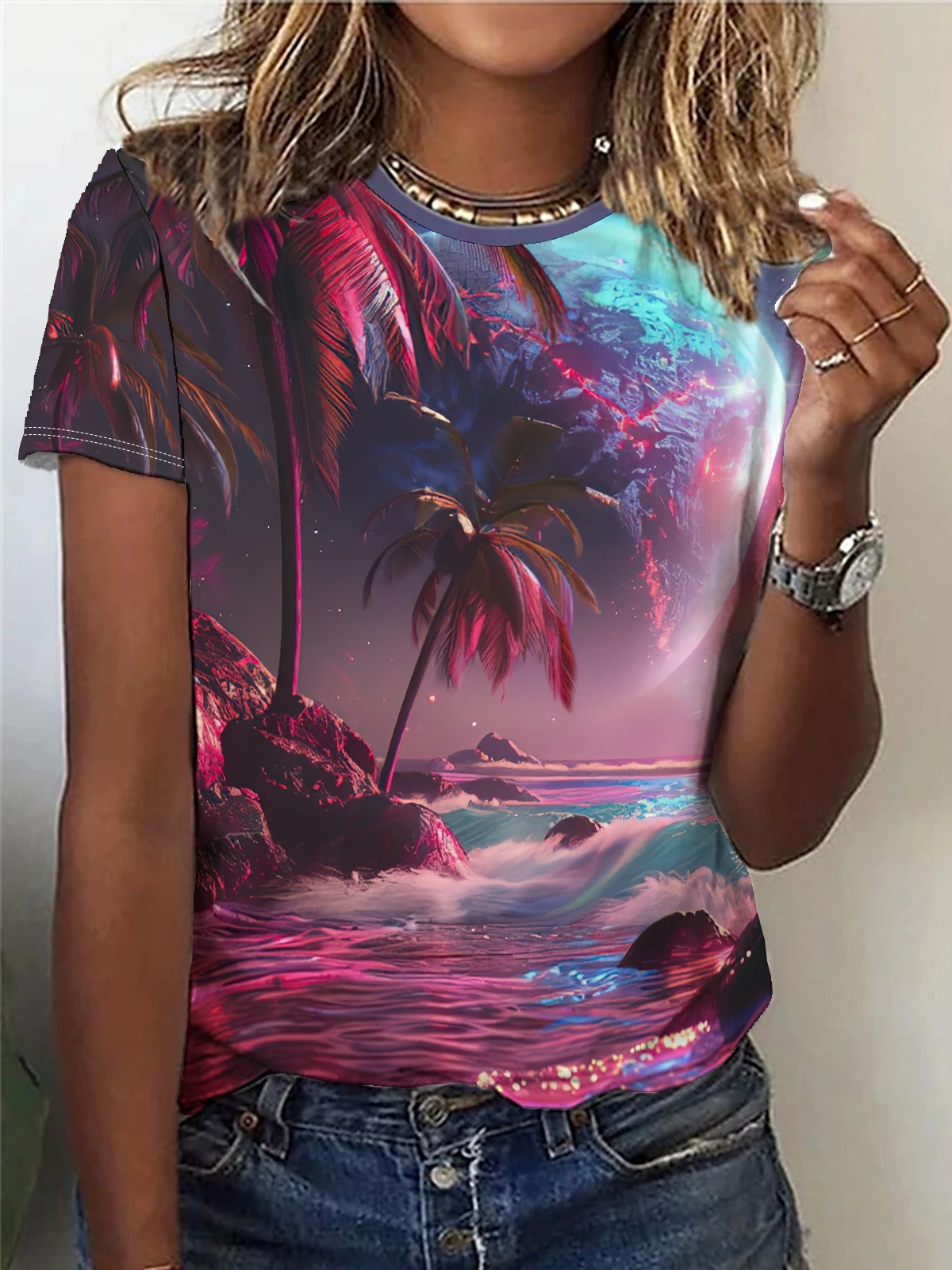 Coconut tree Print T-shirt, Casual Crew Neck Short Sleeve Top For Spring & Summer, Women's Clothing