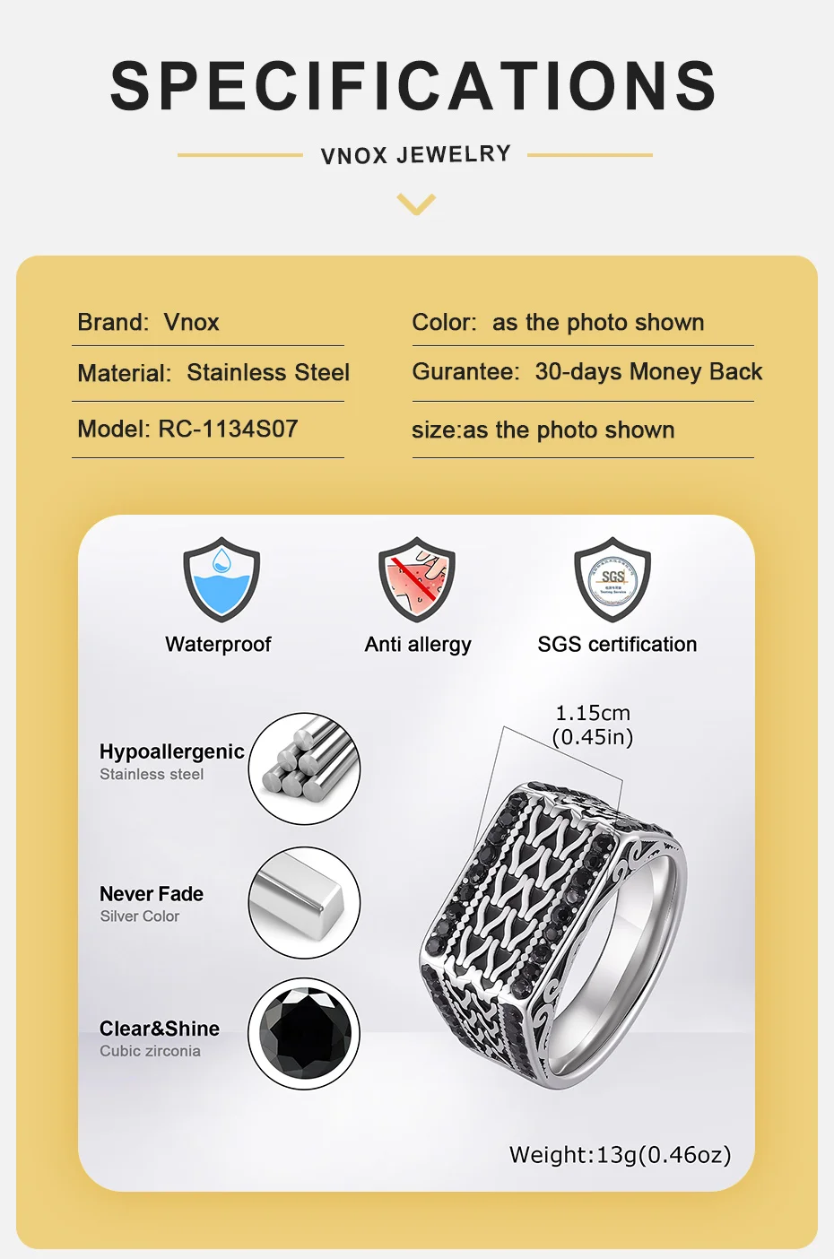 Vnox Herren Vintage Siegelring, Schwarzer Zirkon Geflochtene Textur Edelstahl Breiter Ring Gotisch Gravierter Fingerschmuck Geschenk – Detail 5