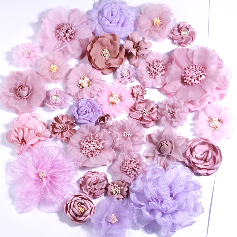 10Pcs Purple Pink Series Satin Chiffon Fabric Flowers For Baby Girls Headbands Head Flower For Hair Accessories Craft Projects