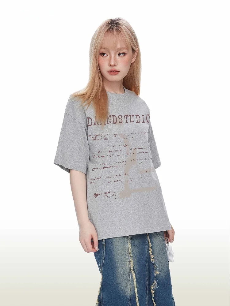 Dawn D American Style Creative Shadow Print Short Sleeve T-Shirt Women's Loose Cotton Casual Wear Summer Fashion Couple's Tee