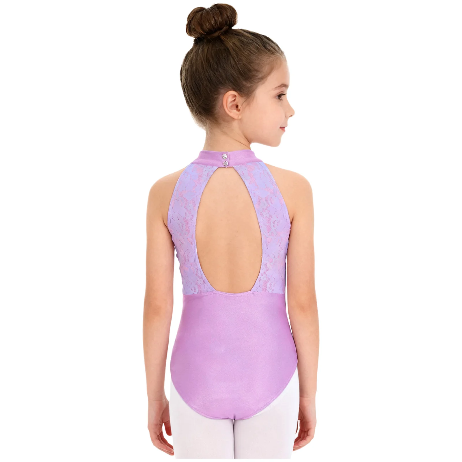 Enfants filles patinage lyrique gymnastique danse justaucorps col montant sans manches dentelle Patchwork découpe dos body Ballet Dancewear
