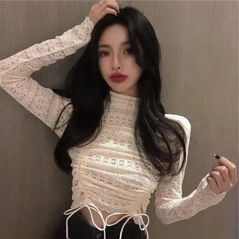 

High-Necked Lace Bottoming Shirt Sexy High Street Slim Solid Color Popular Long-Sleeved Short Ladies Hollow Fashion Top