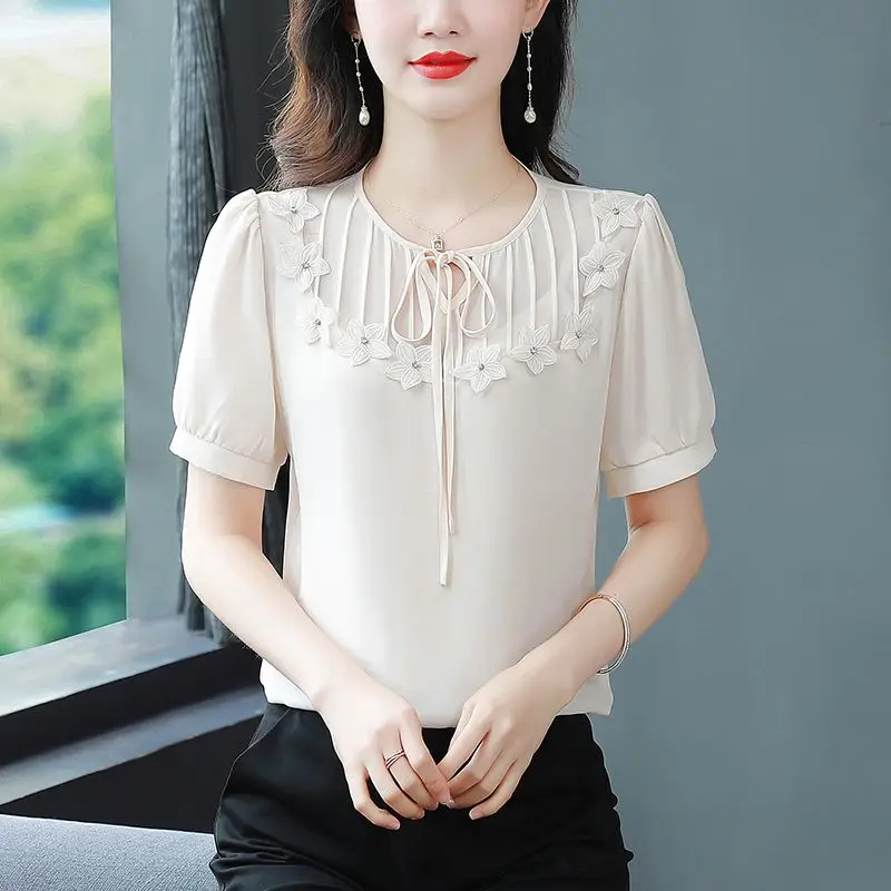 Summer Solid Color Women\'s Pullover Drawstring Round Neck Gauze Short Sleeve Chiffon Tie Flowers T-shirt Casual Elegant Tops