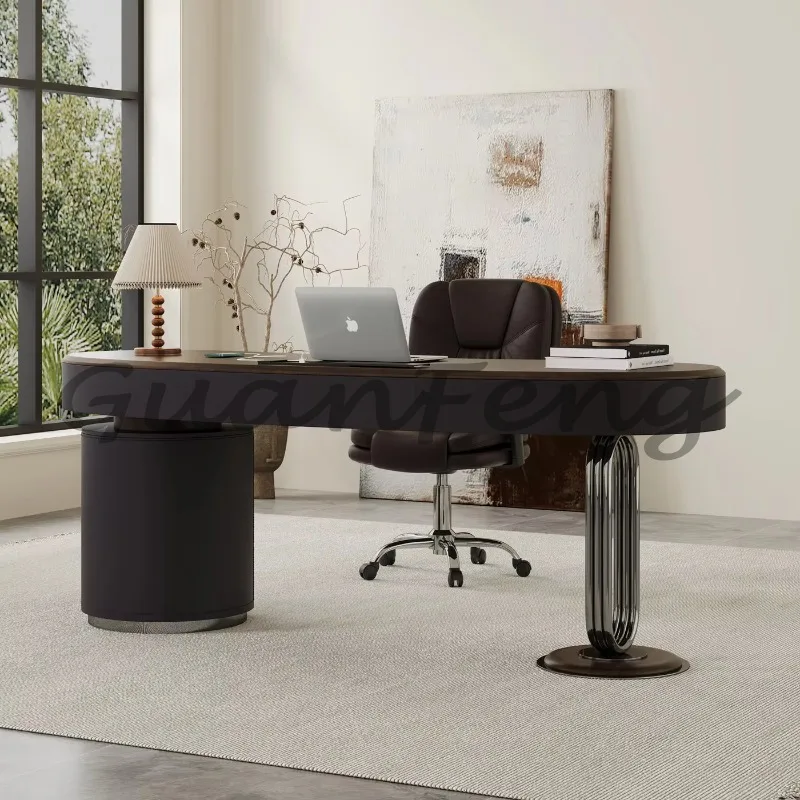 Desk retro walnut veneer saddle leather living room desk home study special-shaped table