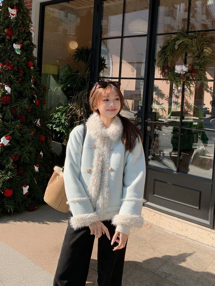 

Fce Lined Winter Jaet Women's Casual Loose Fit Button Decorated Ice Island Night Splicing Design Soft Outerwear