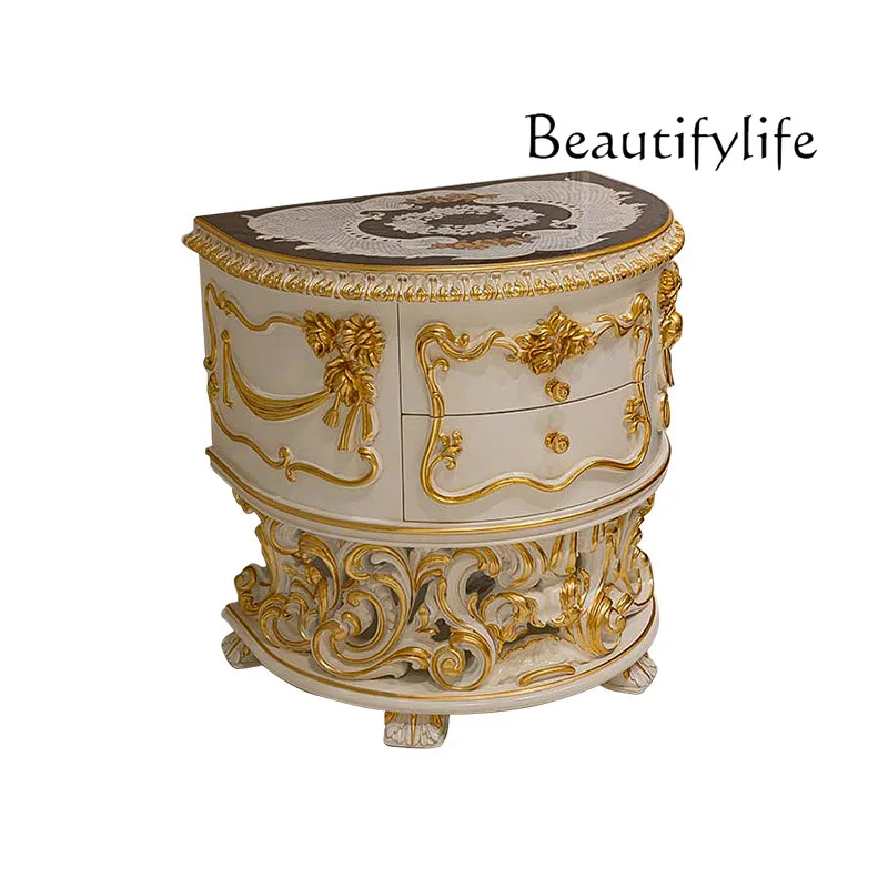 

European solid wood bedside table French luxury gold-painted carved bedroom locker high-end furniture