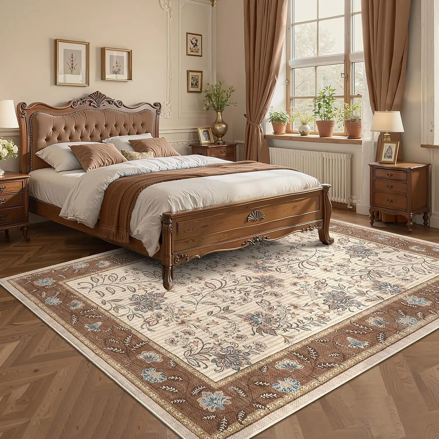 9x12 Brown Washable Large Area Rug Non Slip Soft Country Mat Carpet Indoor Botanical Floral Rug for Living Room Bedroom