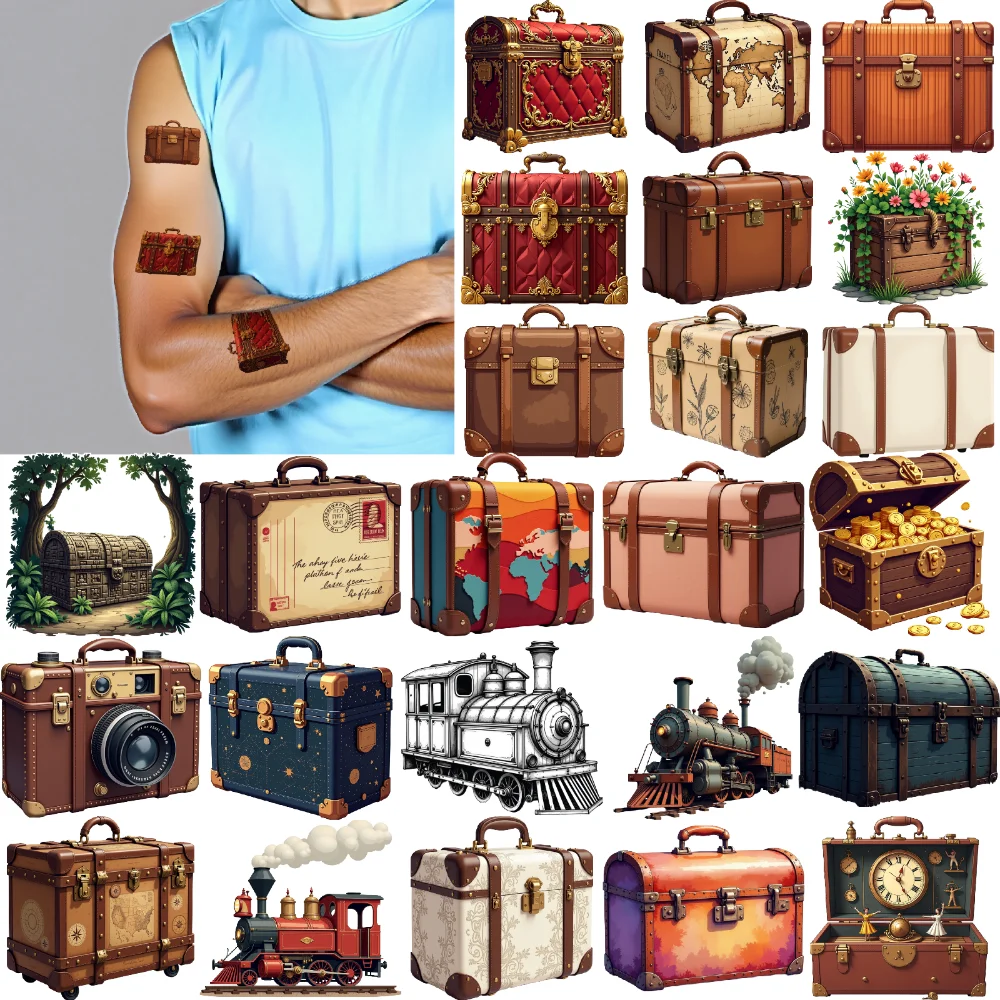 

28pcs Temporary Tattoo Vintage Trains Cartoon Suitcase Designs Temporary Tattoo Stickers For Shoulders Arms Children