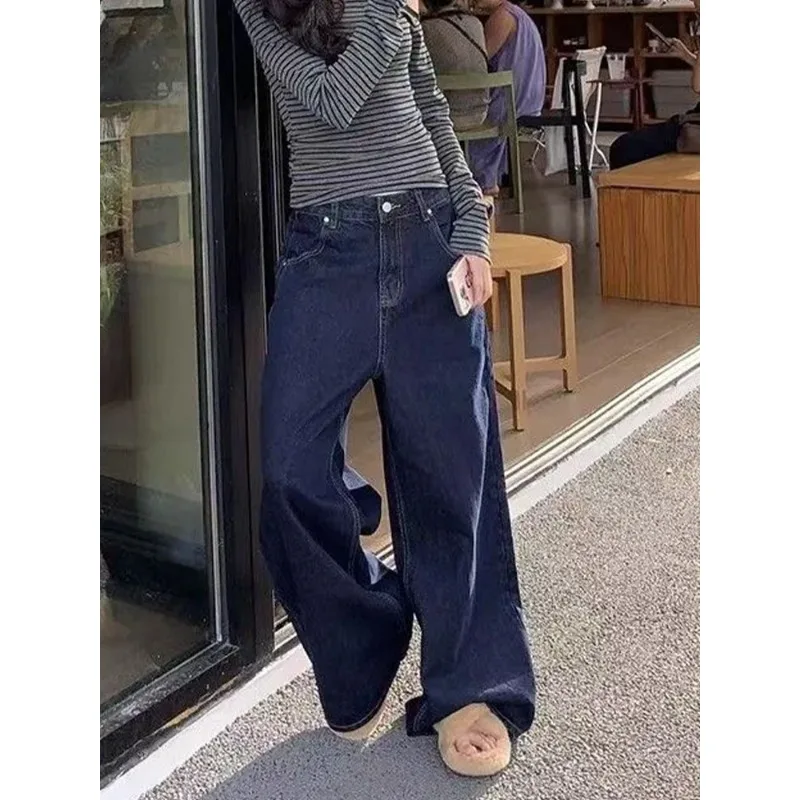 Women 2025 Autumn Blue High Waist Jeans Y2K American Vintage 2000s High Waisted Jean Straight Casual Loose Wide Leg Denim Pants
