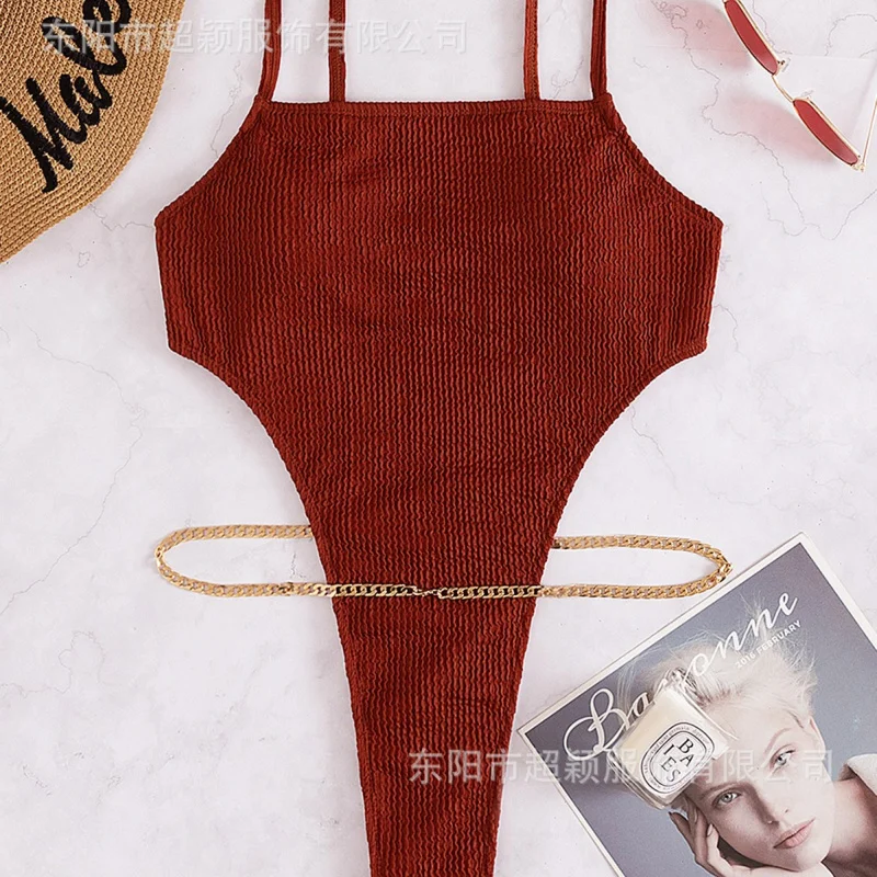 

New Sexy Triangle One-Piece Swimsuit Women's Waist Chain High Fork Waist T-Back Fashion Bikini