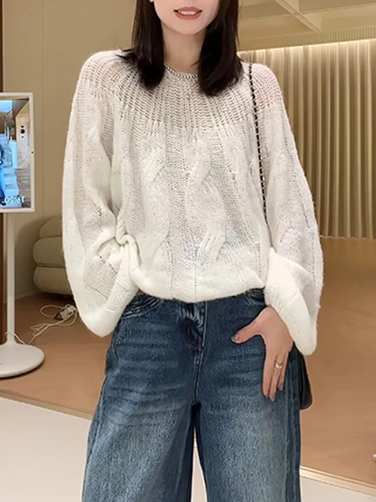 

Женский вязаный свитер свободного кроя с ажурной вязкой крючком, круглым вырезом, длинными рукавами, мягкий, удобный, дышащий, для ношения под одеждой.