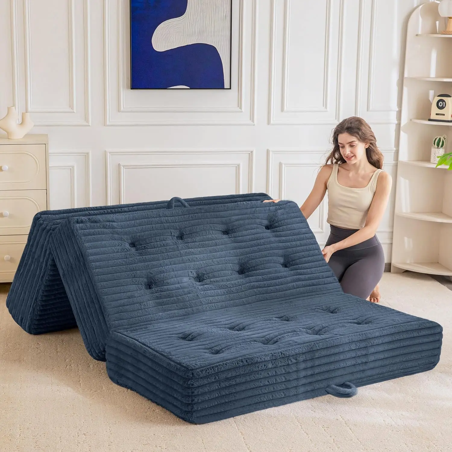 Tri-Fold Floor Sofa Bed with 6 Inch Profile, Foldable Couch and Mattress with Carry Handles, Plush Faux Fur Surface, Foam-Filled Support, Full Size, Dusty Blue, Portable Couch for Living Room