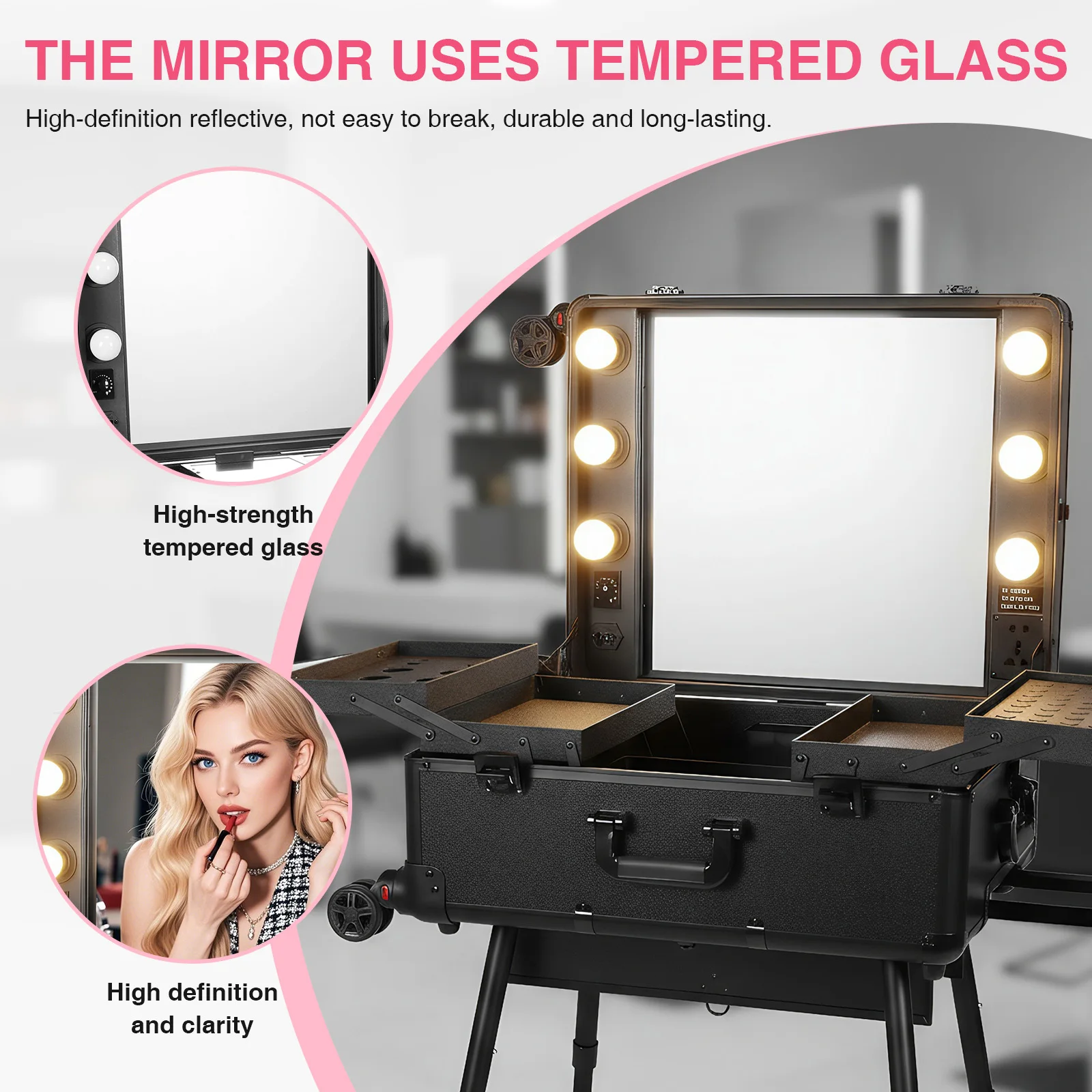 

Rolling Professional Artist Trolley with Mirror and Lights Mobile Makeup Artist Trolley with Wheels Stands for Women and Girls