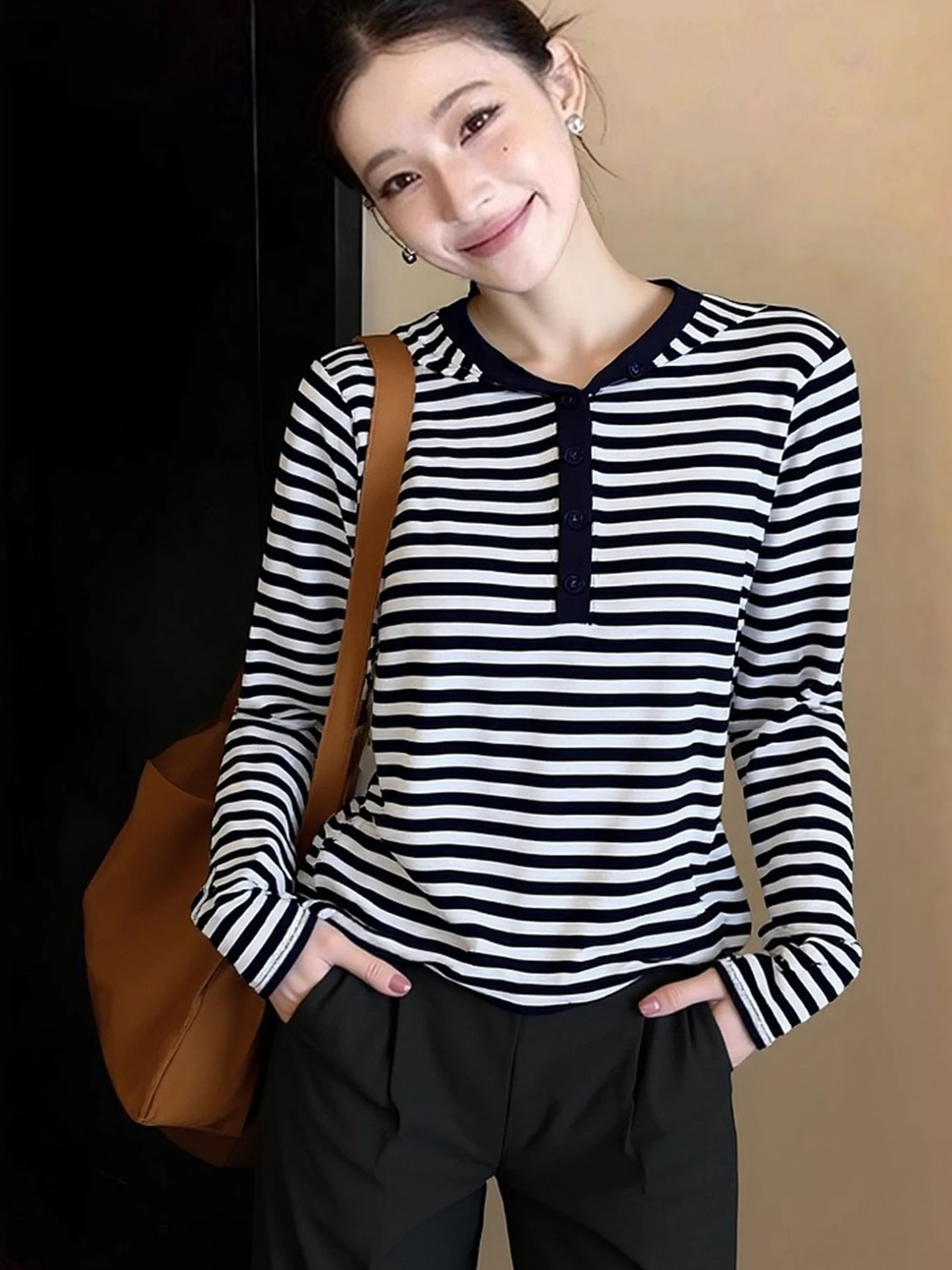 

Chic Korean Style Striped Color Block Design Long Sleeve T-Shirt Hooded Base Shirt Commute Versatile Spring Top Women's Fashion