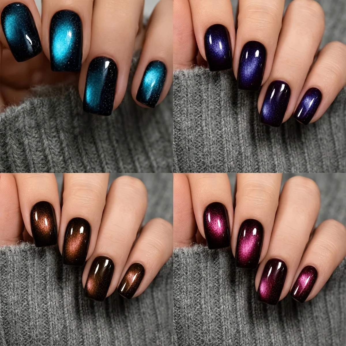 96PCS  Short Square Glossy Cat Eye Nail Set Blue Purple Pink Lake Blue Full Coverage Press-On Nails, Suitable for Christmas,