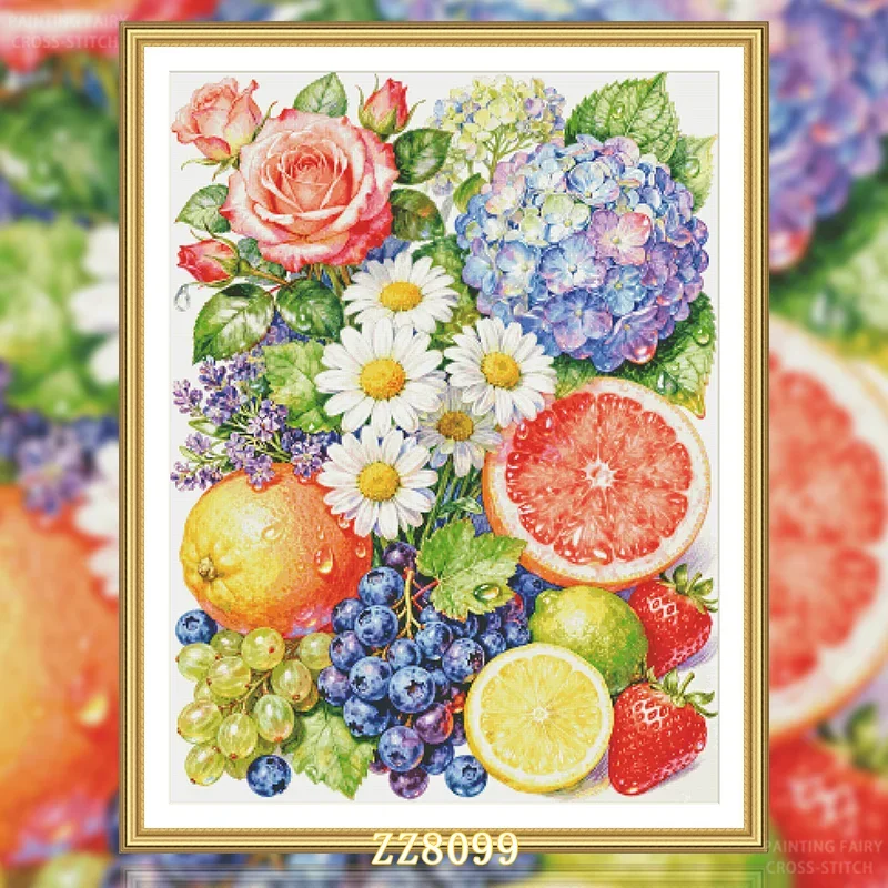 [ZZ8099-Summer Flowers and Fruits] Stamped Cross Stitch Kit 11/14/16/18CT Printed Canvas Cotton Thread DIY Embroidery Wall Decor