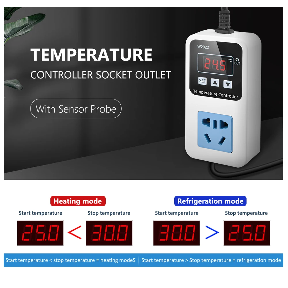 AC110V 220V W2022 Temperature Controller Thermostat Greenhouse Temperature Controller with High Precision NTC Sensor LCD Display