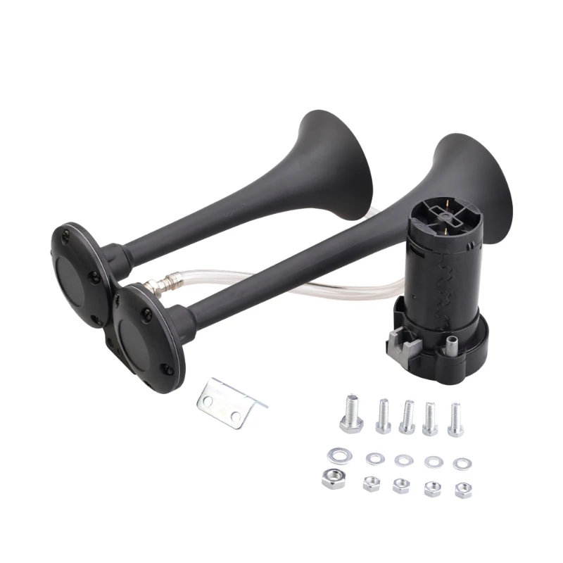 Car Air Horn 12V Black Low and High Tone Stainless Steel Dual Trumpet