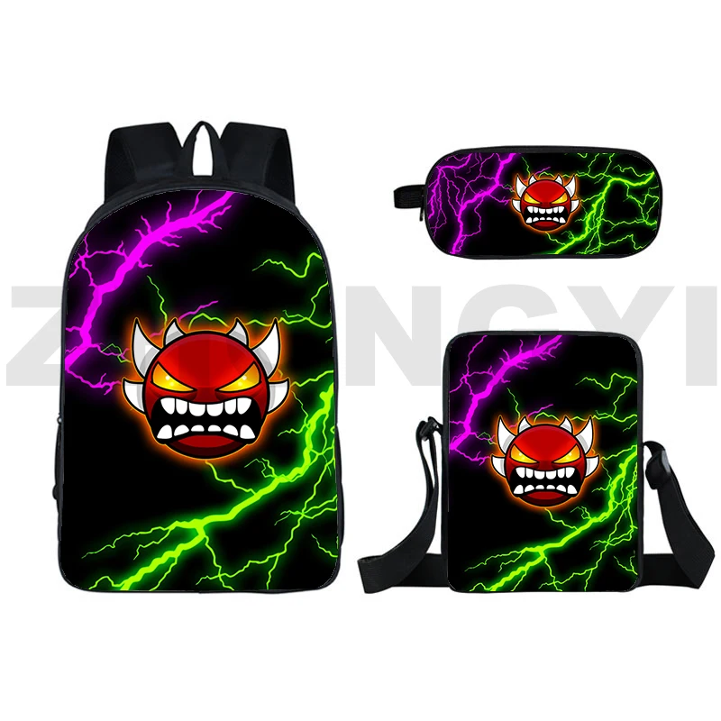 Mochila con estampado 3D de geometría Angry Dash para niños, juego 3 en 1, bolsa de lona para niños, bolsas escolares para deportes al aire libre, caja de bolígrafo cruzado Vintage