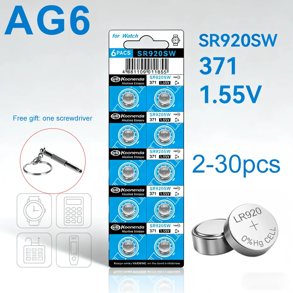 

2-30PCS 1.55V AG6 30mAh 371 Button Batteries SR920SW LR920 SR927 171 370 L921 LR69 SR920 For Watch Toys Remote Cell Coin Batter