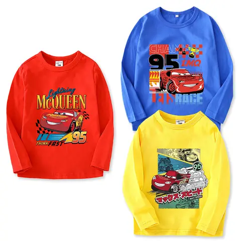 Lightnings Mcqueen 긴 소매 셔츠 디즈니 자동차 아동 의류 소년 소녀 기본 티셔츠 가을 봄 캐주얼 의류 선물