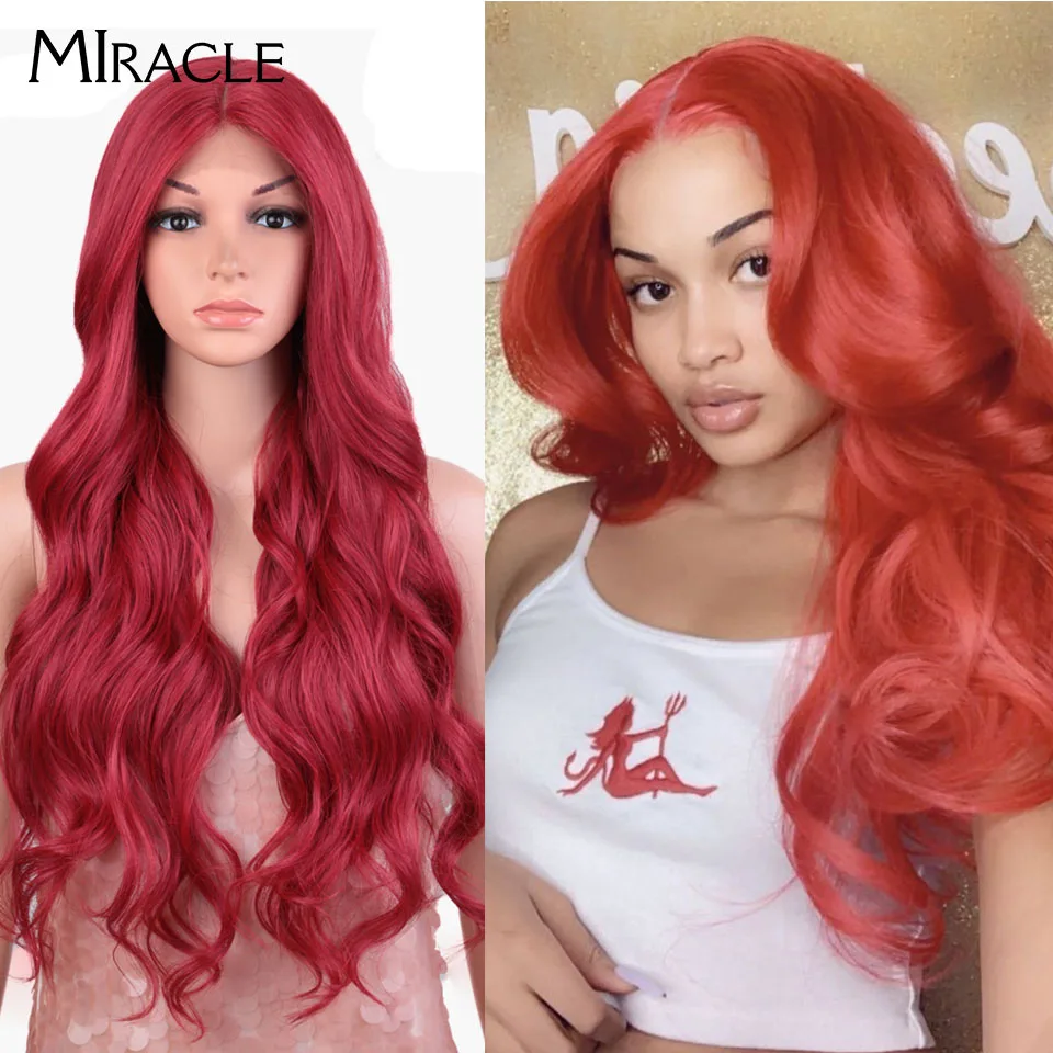 Wig sintetis renda depan MIRACLE Wig Cosplay 30 inci panjang bergelombang Lace Wig pirang merah fantasi Wig wanita Lace Frontal