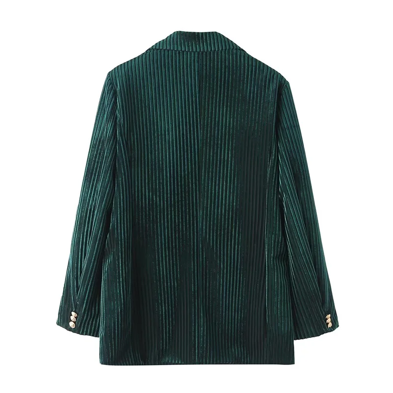 KEYANKETIAN Winter New Women's Retro Velvet Striped Suit Jacket Office Lady Flap PocketsSingle Breasted Dark green Blazer Top