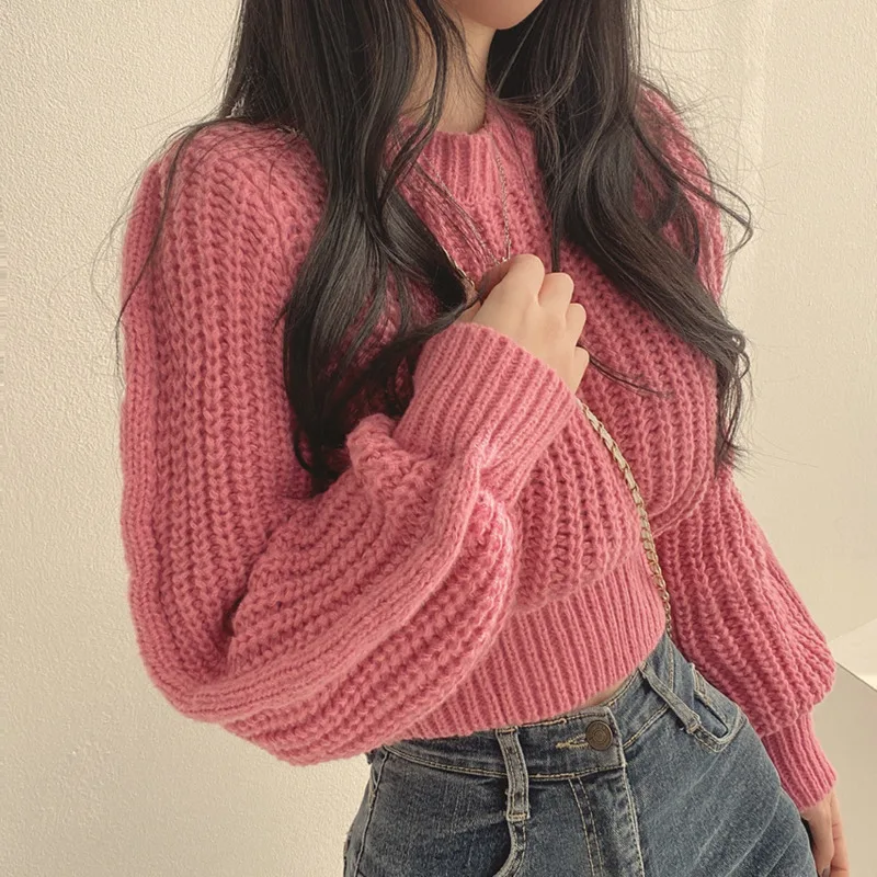 Korean version of age reducing pink bubble sleeve soft glutinous sweater for women, autumn and winter fashion queen style loose