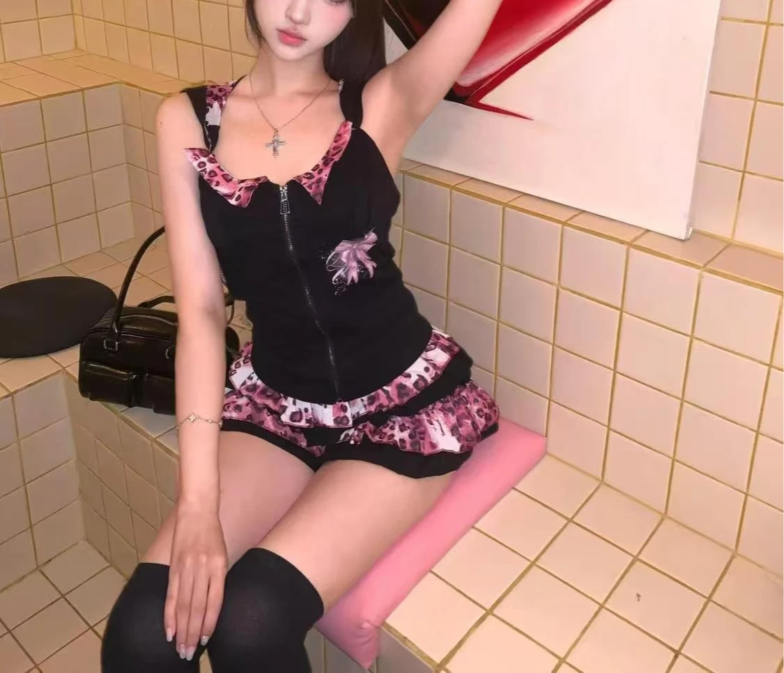 새로운 매운 소녀 스트리트 드레스 핑크 레오파드 패턴 세트 스커트 하라주쿠 스타일 Y2k 보우 지퍼 탑 컬러 스플 라이스 케이크 스커트