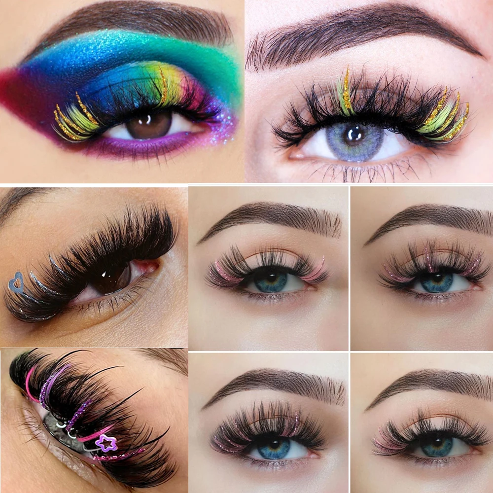 Faux-cils à paillettes, mélange de couleurs, Extensions, classiques, brillantes, individuelles, fête, vente en gros, accessoires de maquillage coréen