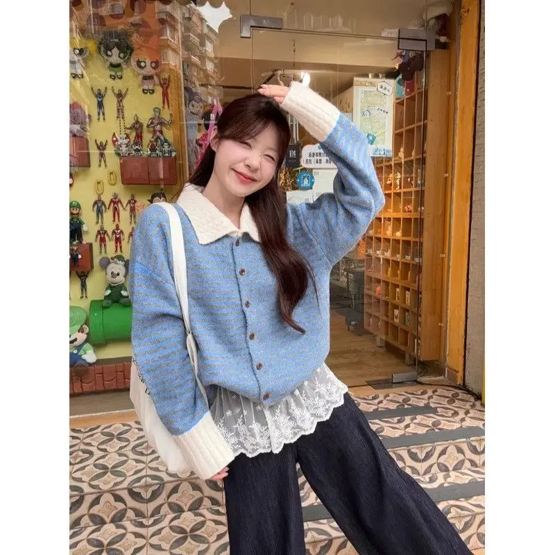 

Женская одежда, весенне-осенняя свободная корейская пуговица контрастных цветов, вязаный отложной воротник, женский универсальный модный свитер