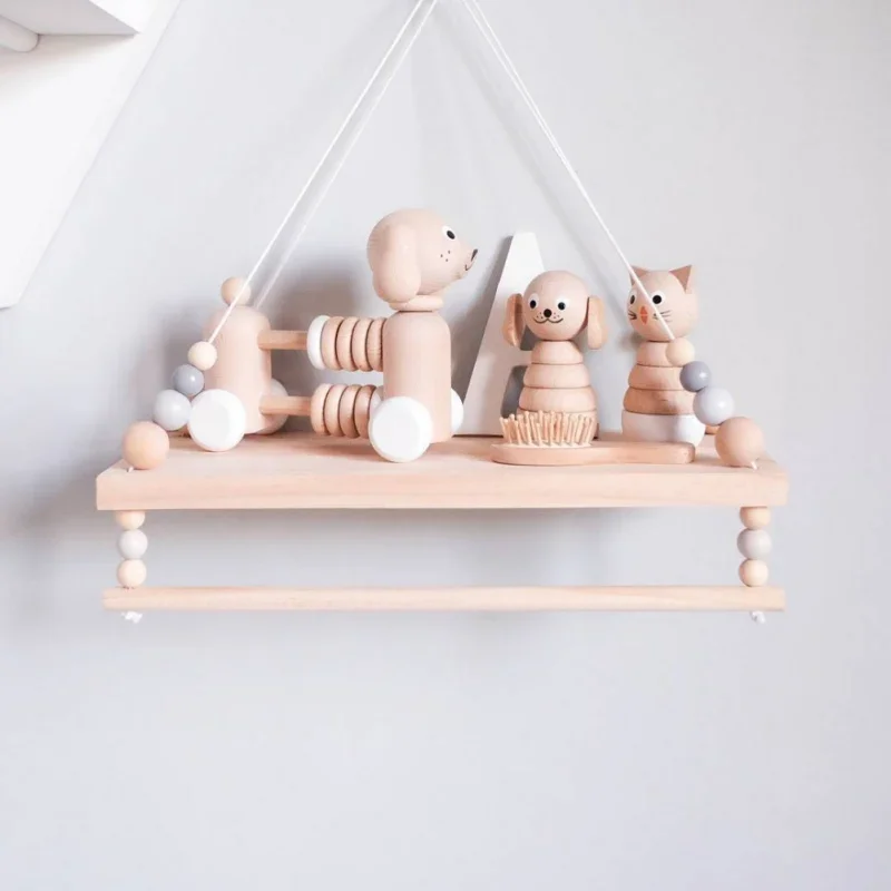 Wooden Wall Shelf With Clothes Rack Children Room Craft Storage Rack Rope Wall Hanging Kid Bedroom Living Room Decoration #