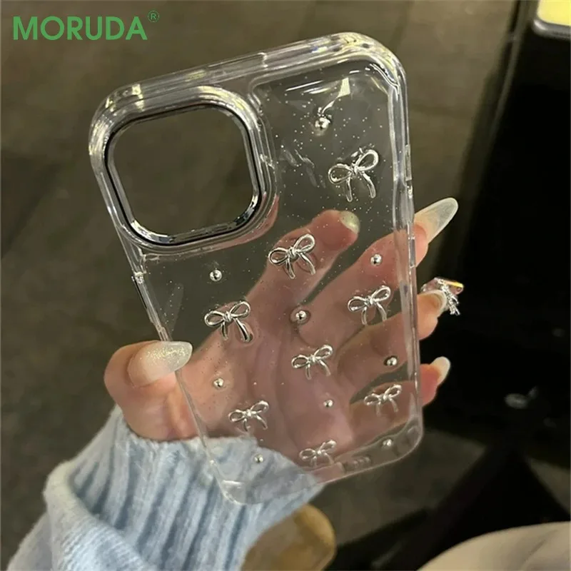 Y2K Korea Glitter 3D Silver Bowknot Etui na telefon do iPhone 16e 15 14 13 12 11 Pro Max 7 8 Plus X XS Epoxy Shell Girl Clear Cover