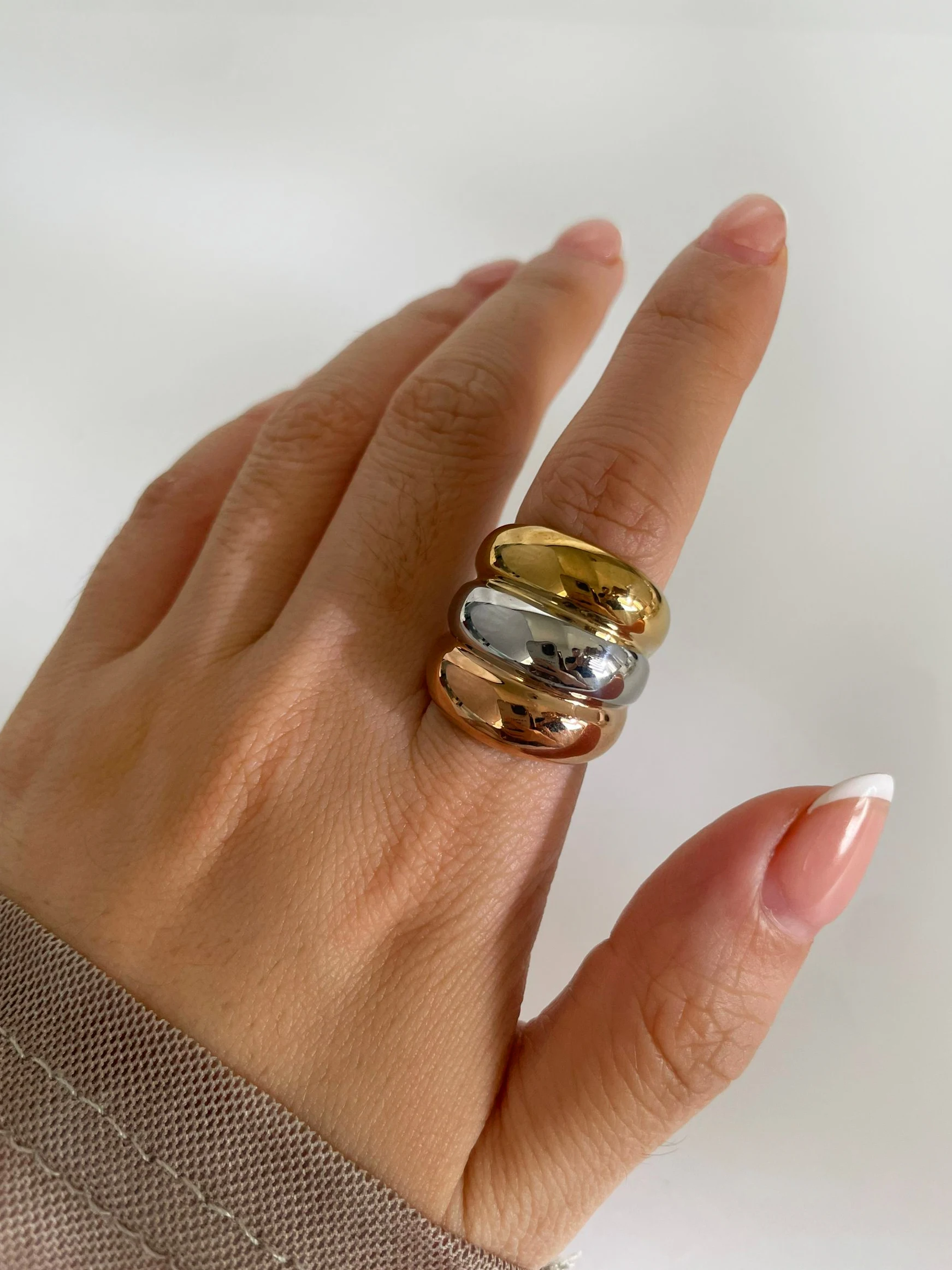 GHIDBK Free Tarnish Stainless Steel Gold Silver Splicing Color Multi-layer Chunky Dome Ring for Women Men Fashion Jewelry Party