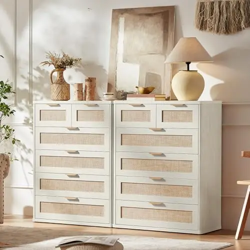 White Dresser for Bedroom, 41" Tall Chest of Drawers, Modern 6 Drawers Boho Rattan Dressers with Storage, Dresser - view 2