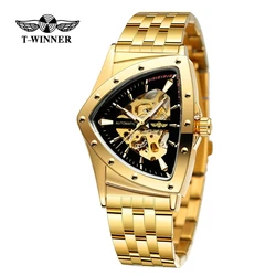 WINNER 395S Luxury Men's Mechanical Watches Gold Stainless Steel Top Brand Waterproof Triangle Skeleton Business Male Wristwatch