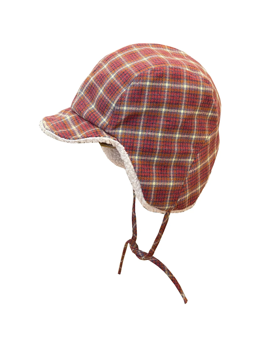 Small Plaid Flight Helmet Children\'s Windproof Ushanka Lamb Wool Ear Protection Checked Cap Men