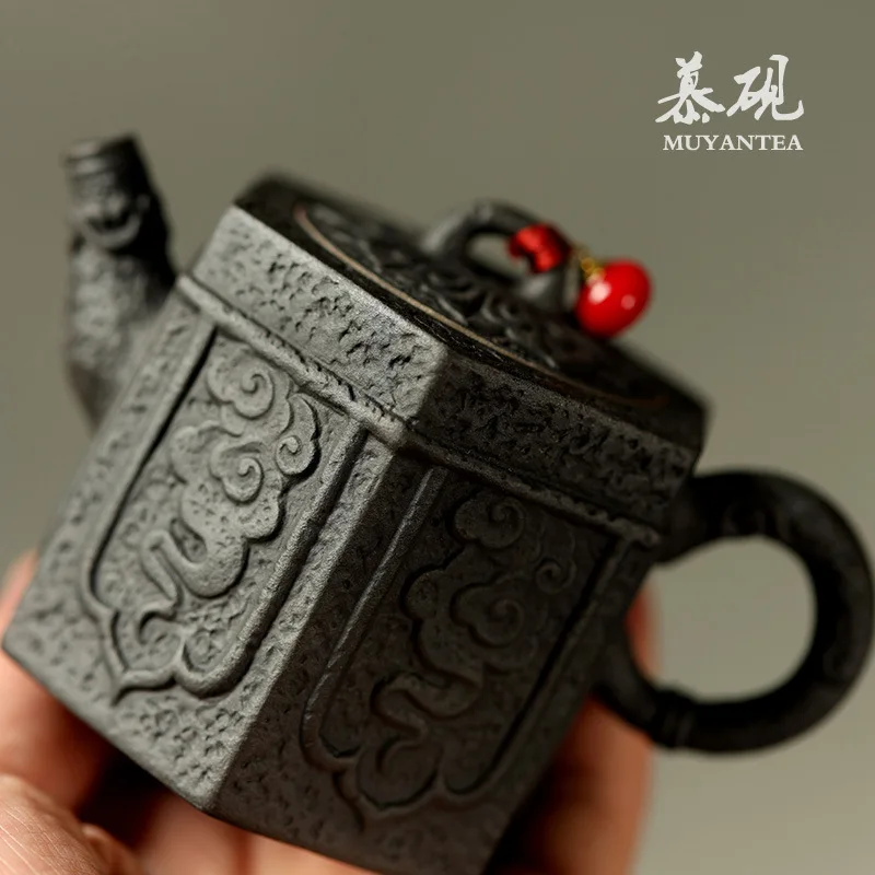 Mu Yan Handmade Old Clay Creative Household Hexagonal Teapot, Ceramic Brewing Pot, Kung Fu Tea Single Pot With Ball Hole