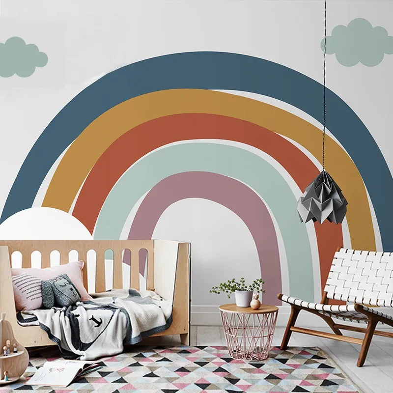 Custom Mural Pink Hot Air Balloon Simple Cartoon Wallpaper Seamless Wallcovering Children's Room Wallpaper Girls Bedroom Rainbow