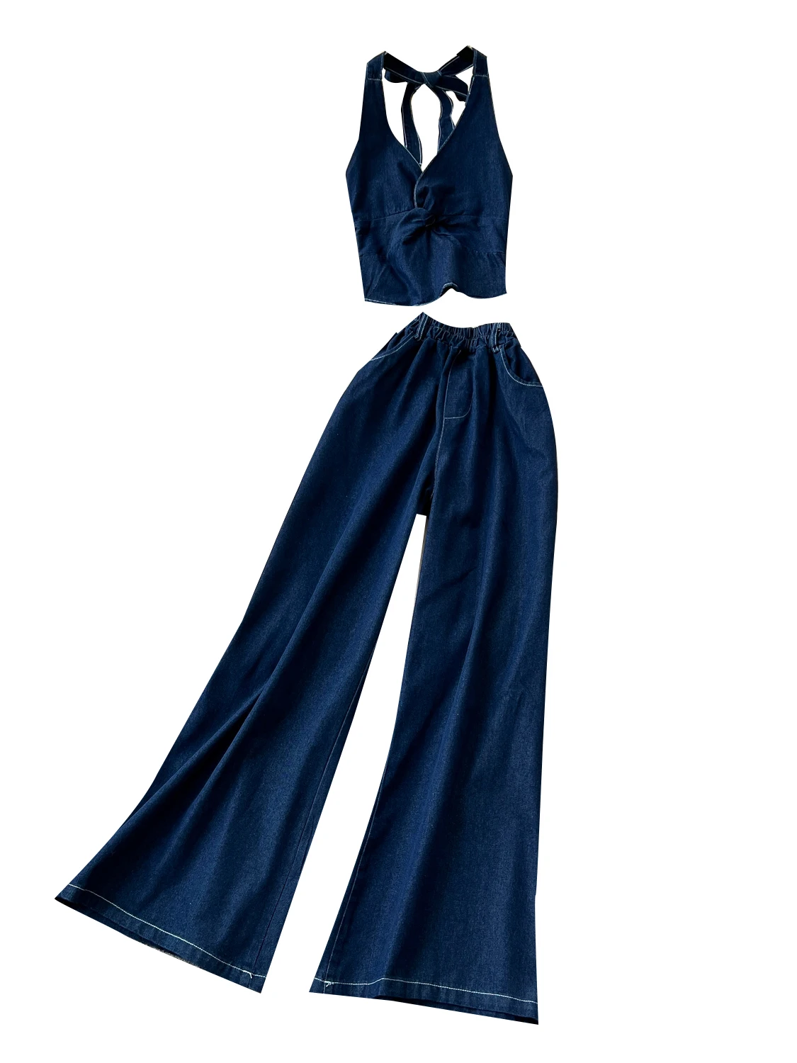 

Casual Korean Sle Women's Faion Summer Outfit High Waist Wide Leg Jeans Top Knot ter Ne Denim Crop Top Set