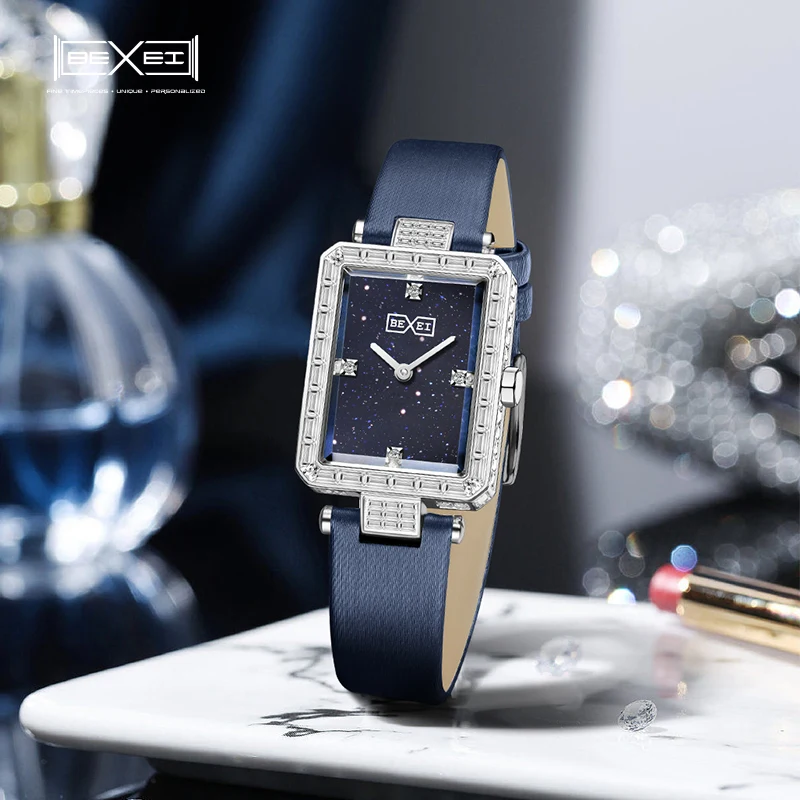 Bexei 6112-女性のためのレトロな正方形のクォーツ時計,エレガントでちりばめられたジュエリー,人工サファイア,シェルダイヤル,シルク