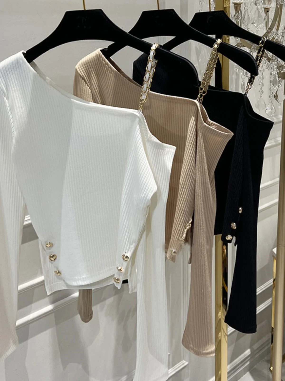 رغبة نقية Sle كم طويل الكتف عارية تي شيرت المرأة سليم صالح قاعدة قميص النسخة الكورية مثير ضيق ملابس داخلية #5