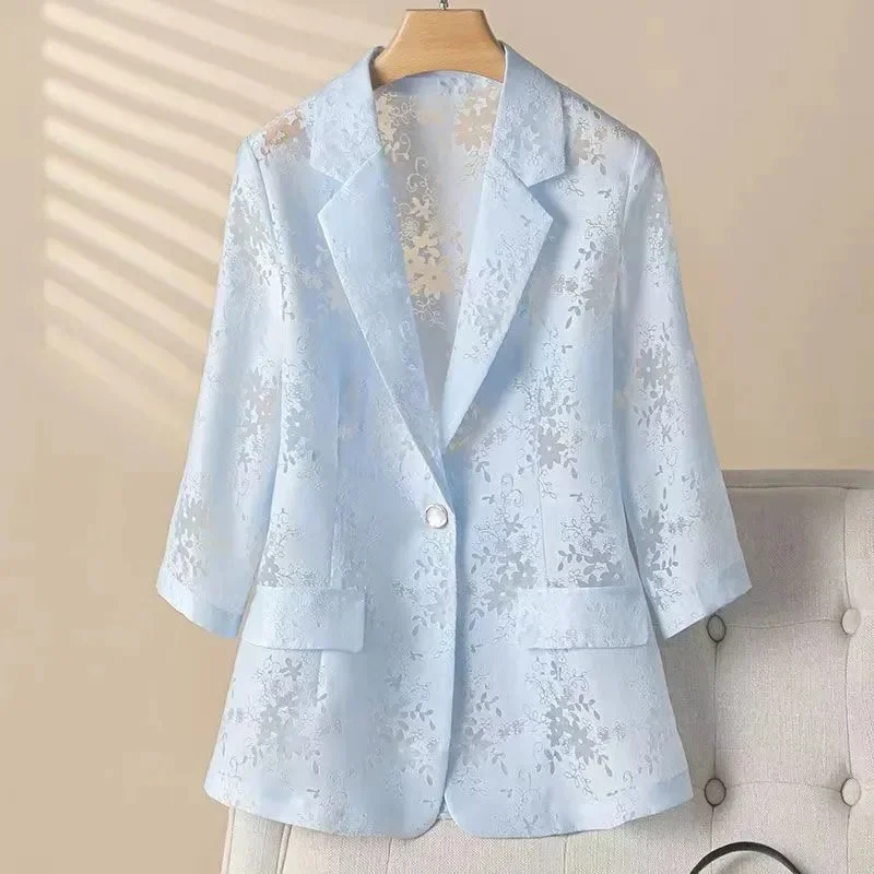 2024 Fashion Thin Lace Suit Jacket Women's Blazer New Summer Sun Protection Coat Hollowed Out Blue White Suit