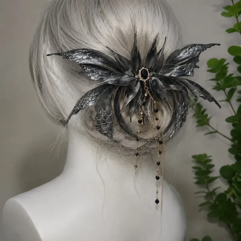 Oversized Butterfly Wing Headpiece with Moving Flower Liquid Design Fringed Fairy Princess Elf Hair Accessory for Cosplay