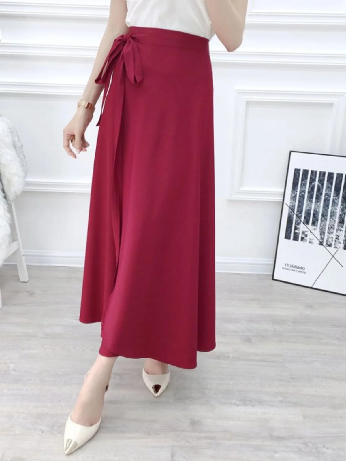 

Корейская пляжная юбка миди с высокой талией, женская летняя асимметричная юбка из полиэстера с завязкой на талии H-Line