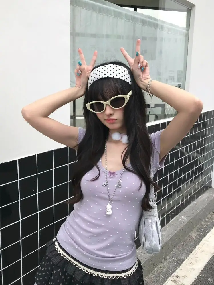 2026 Polka Dot V-neck Short Sleeve T-shirt Women Summer New Sweet Simple Fashion Slim Fit Versatile Waist Cinching Top